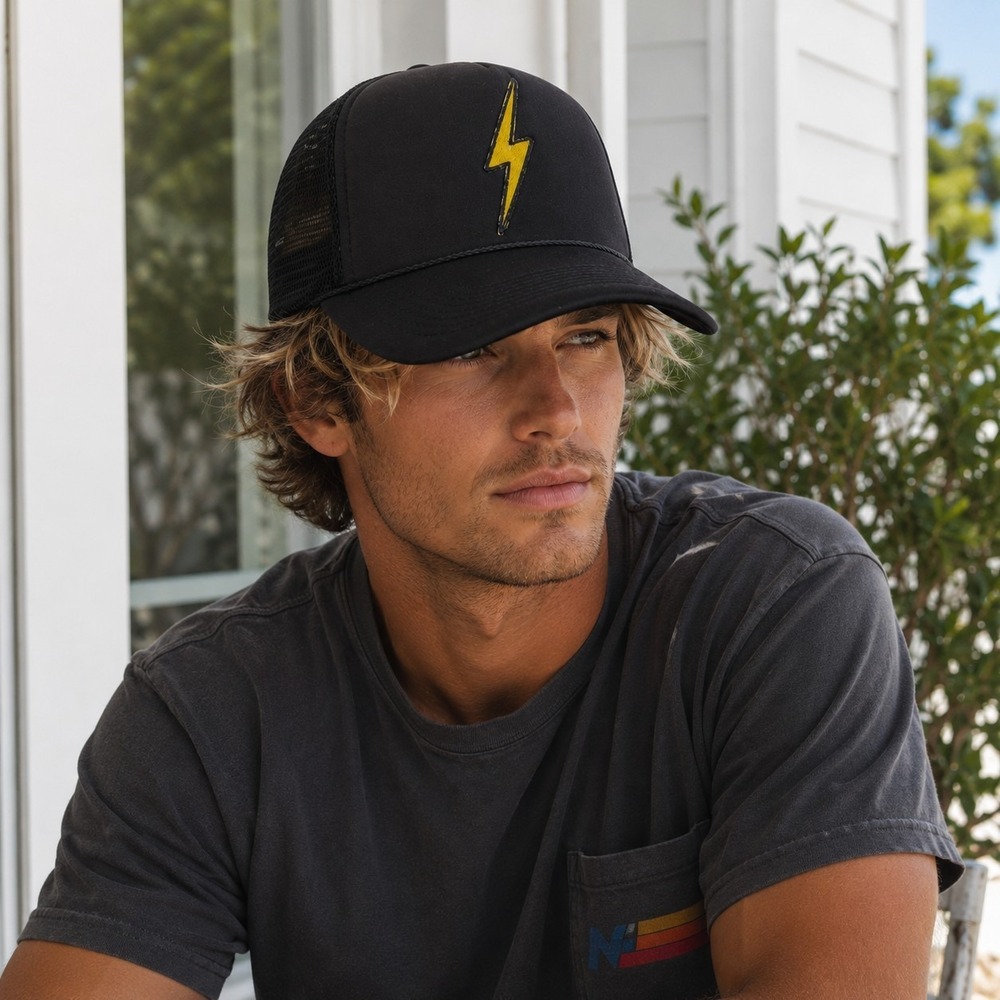 Aviator Nation Vintage Bolt Trucker Hat Lightening Black Yellow Snapback Surf